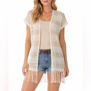 Natural Reflections Crochet Open Front Cardigan Fringe Stripe Tan Cream S NWT